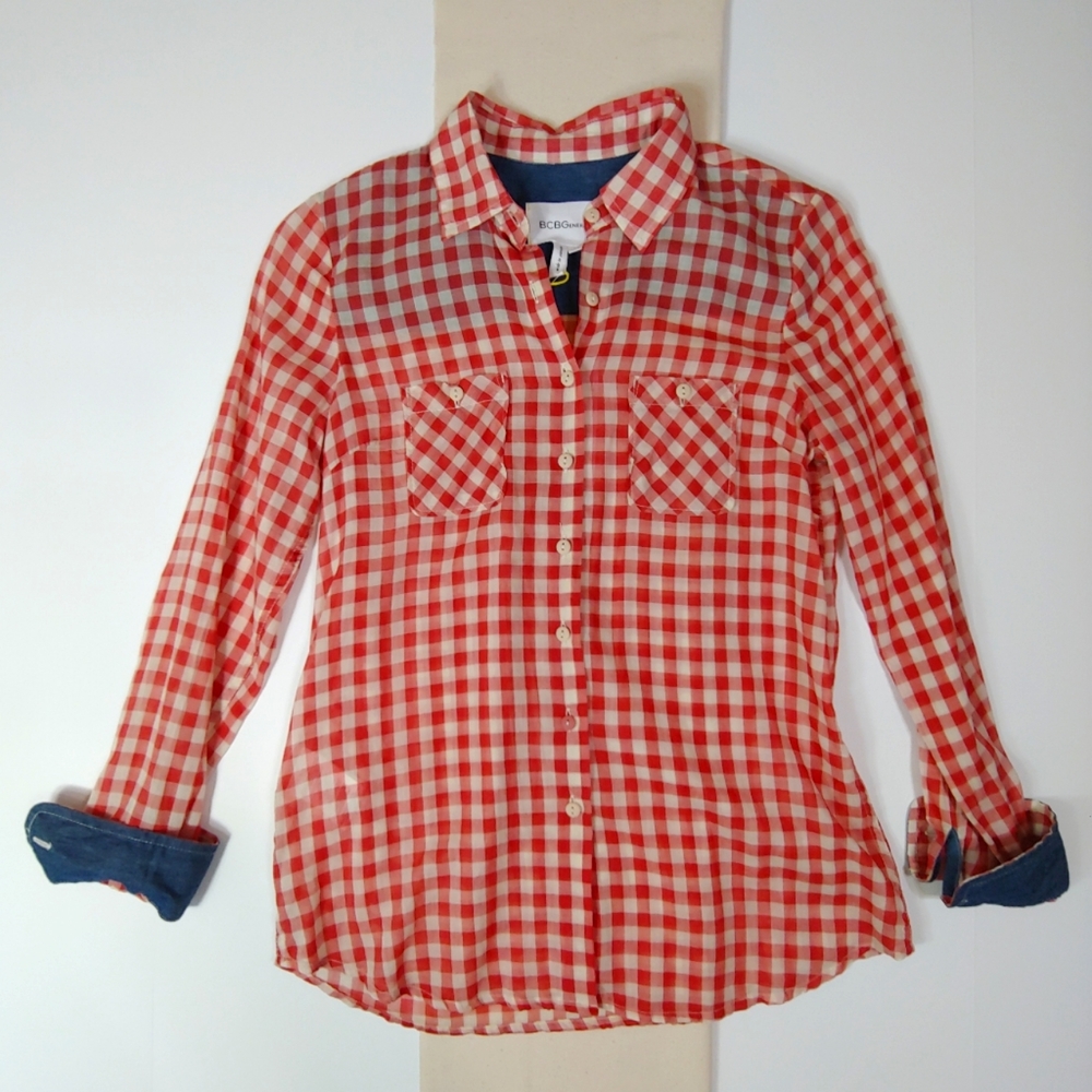 BCBG Generation Red & White Check Button Up